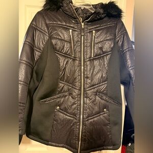 Women’s Plus Michael Kors Puffer Coat Jacket Sz 1x Black Leopard Print Fur Hood